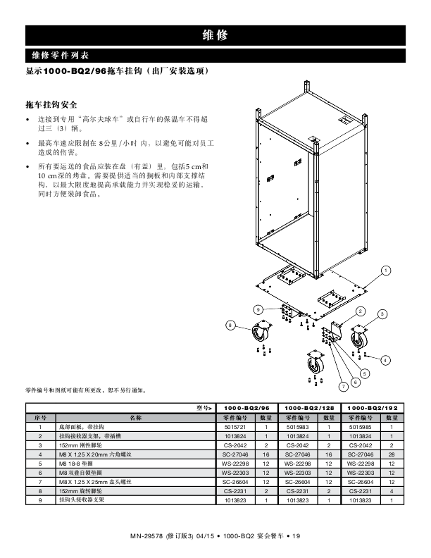 宴会车 中文操作及技术服务手册 (含电路图、零件图)